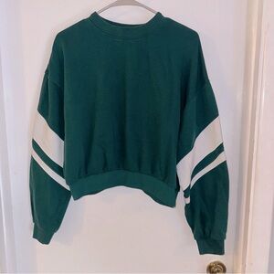 H&M Forrest Green Crewneck Crop Sweatshirt Varsity Stripe Size M